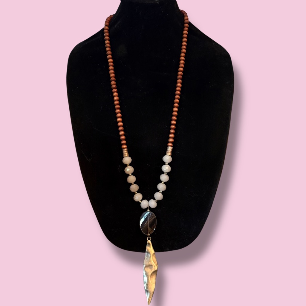 Canvas Long Beaded Hammered Pendant Necklace
